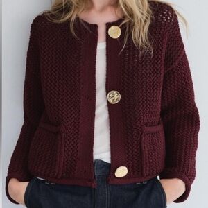 ZARA Chunky Knit Burgundy Cardigan w/Gold Buttons